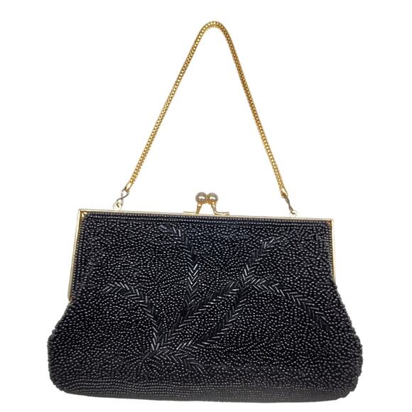 Vintage Black Beaded Kiss Closure Chain Top Handle Evening Cocktail Handbag Bag - Picture 1 of 13